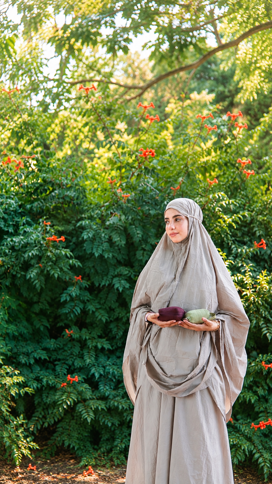 Woman holding portable prayer items in a garden