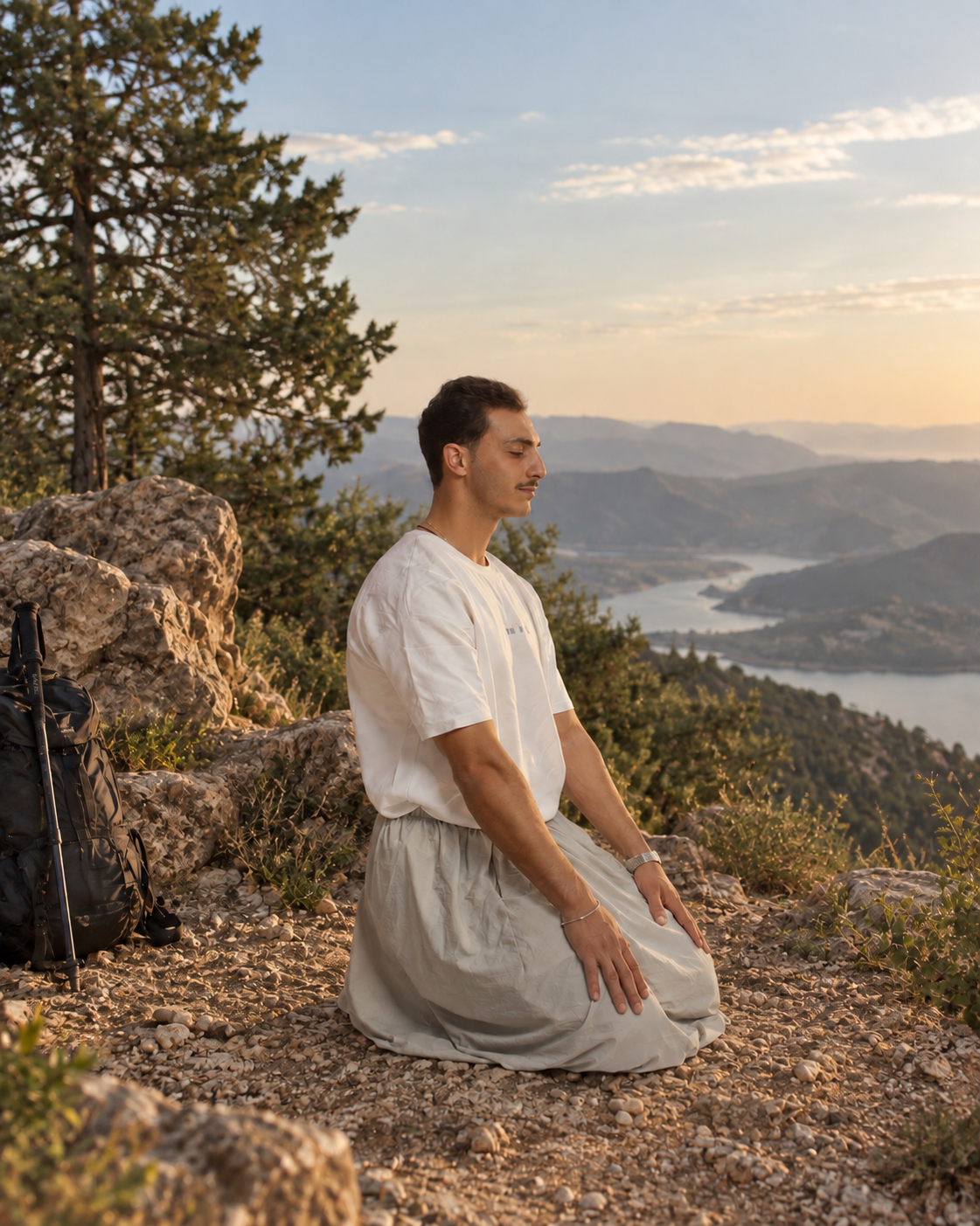 Man praying outdoors by a lake while traveling