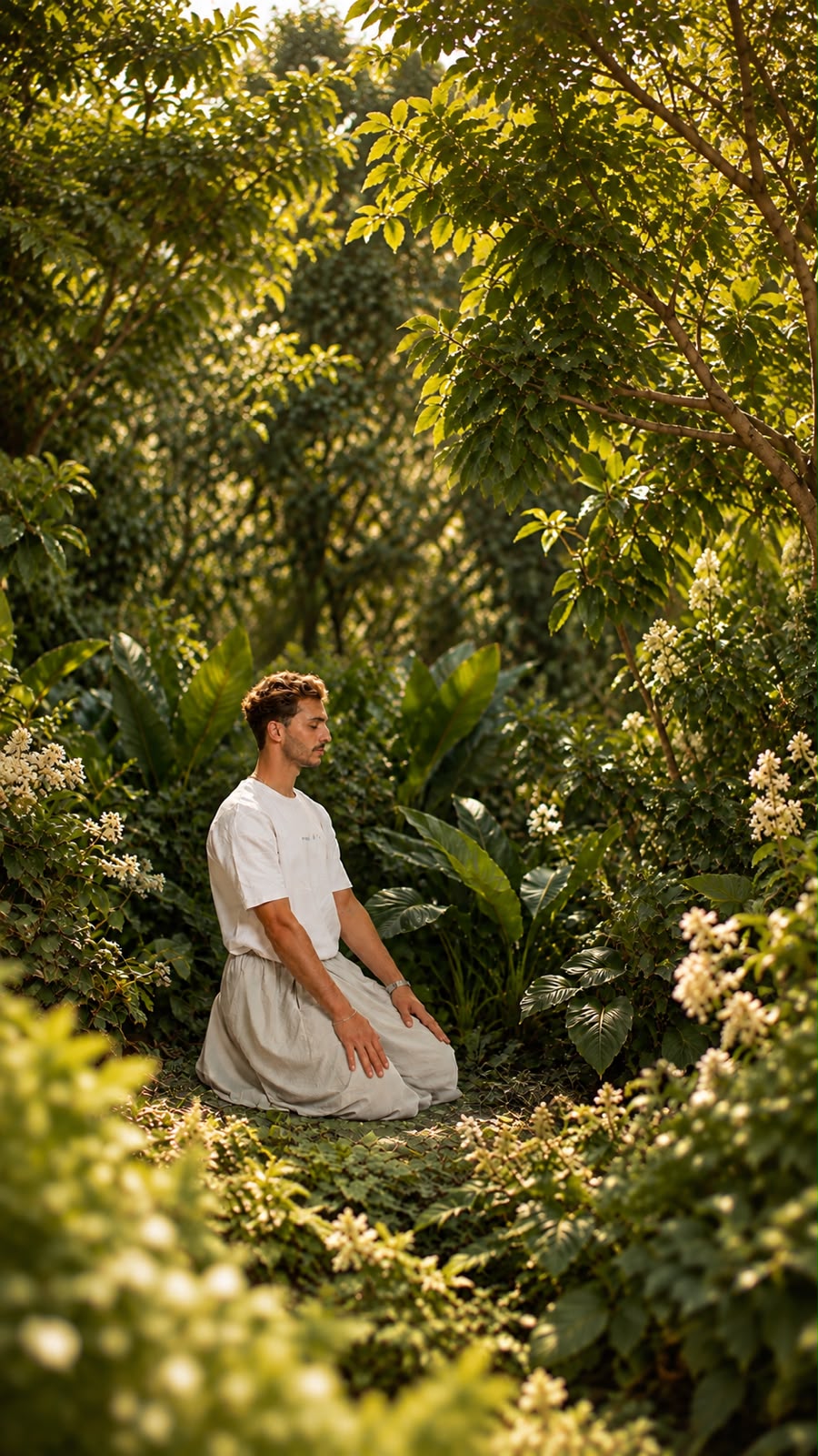 Man praying outdoors in a garden