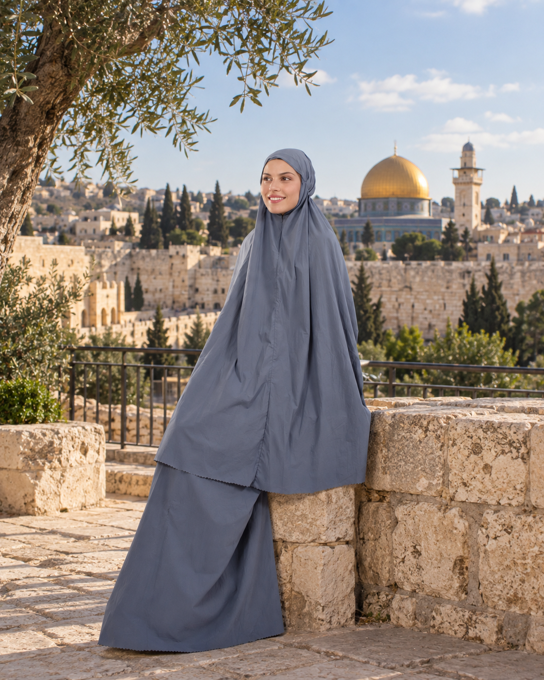 Woman in a prayer garment overlooking Jerusalem