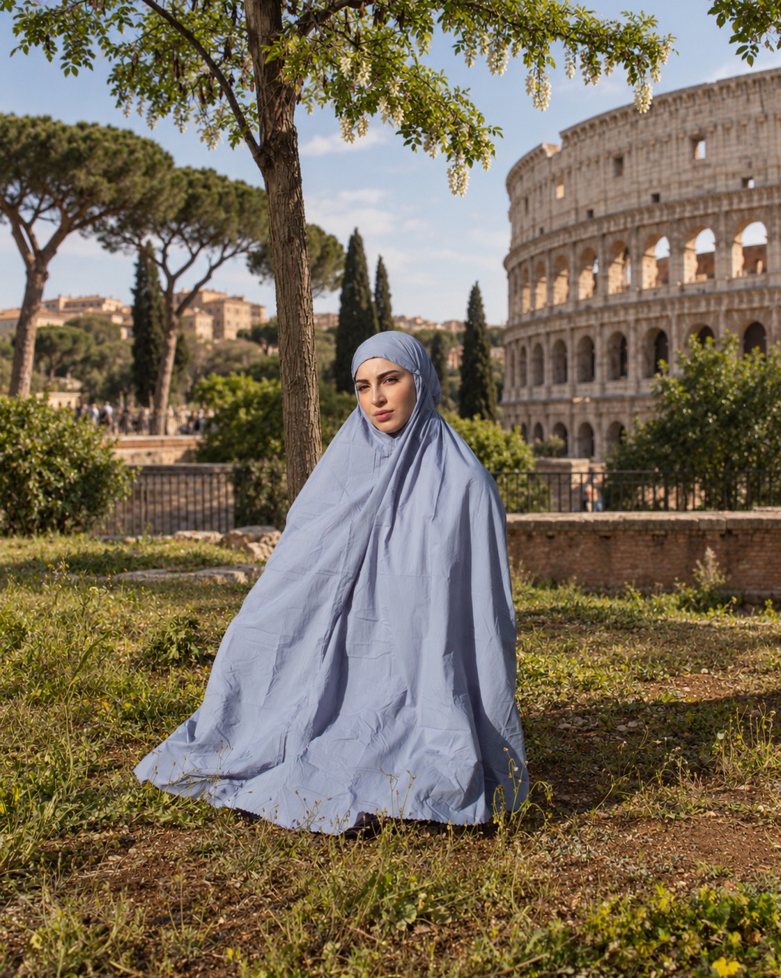Woman in a prayer garment at the Colosseum in Rome